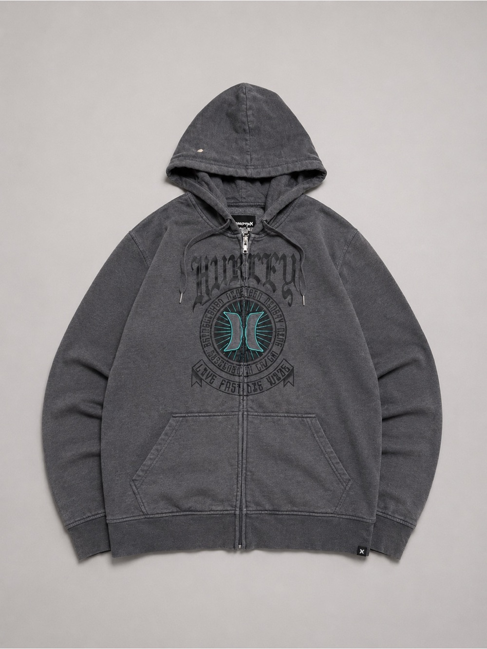 Hurley Full Zip Hoodie Mens Large Gray Graphic Logo Sweatshirt Skate Surf Y2K